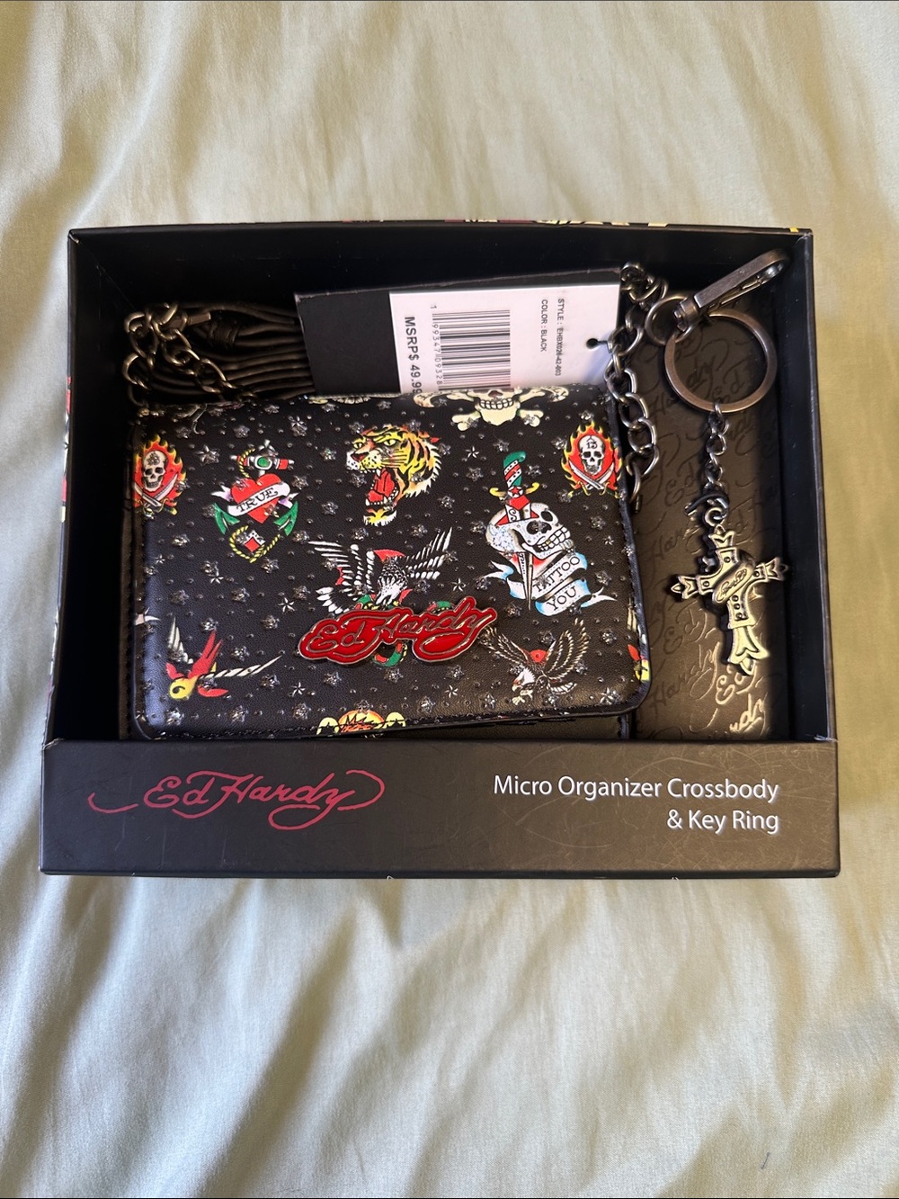Ed Hardy Black Tattoo-Print Micro Organizer Crossbody with Multicolor Accents